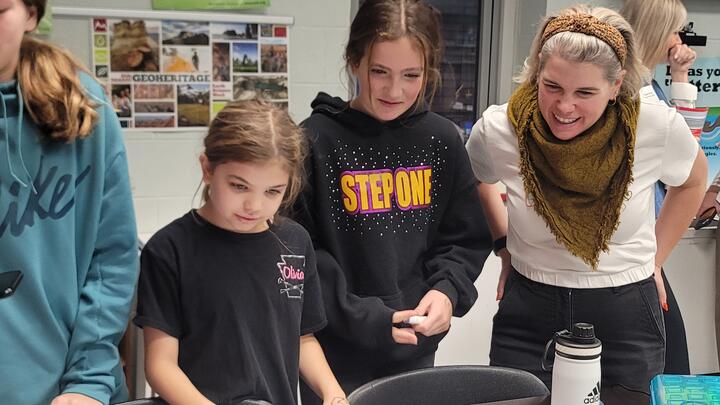 Anna Russo, Director of Community Futures with KnowledgeWorks (Right), interacts with Perry Middle School students Olivia Caranchi (left) and Katie McGonnell (middle) during a tour of Perry Schools personalized learning opportunities.